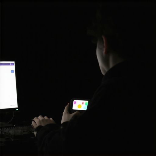 Display Calibration Setup Person using a colorimeter to calibrate a computer display in a dark room.