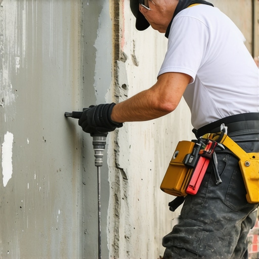Close-up of a person using a hammer drill to drill into a concrete wall with safety gear