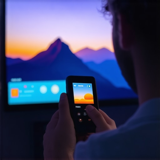 Person calibrating a home OLED TV using a professional colorimeter tool in a cozy setting.
