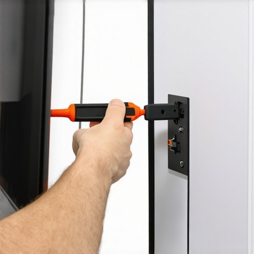 Person carefully prying HDMI connector from a wall-mounted TV with plastic tools.
