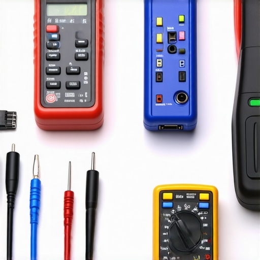 Home Theater Maintenance Tools Collection Various tools like calibration devices, multimeter, and HDMI analyzer neatly arranged on a desk, ready for home entertainment system upkeep.
