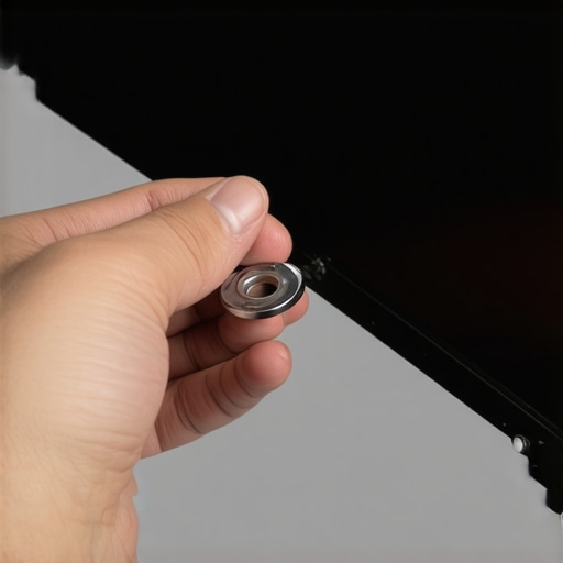 Close-up of a screwdriver and rubber washers being positioned in a wall mount assembly.