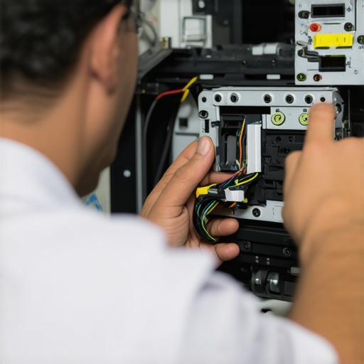 Technician reseating cables inside a projector to eliminate vertical lines