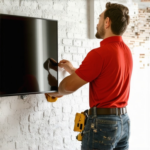 Person using tools to install wall anchors and secure a TV mount on brick wall.