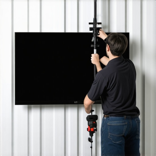 Technician securing a large TV on a metal stud wall with heavy-duty anchors and mount.