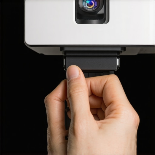 Person using a bubble level on a ceiling-mounted projector to check for levelness
