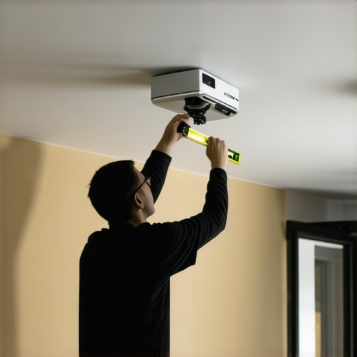 Person adjusting a ceiling-mounted projector with a spirit level