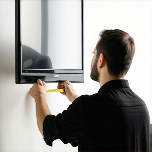 Person measuring VESA mounting holes on OLED TV back with tape measure