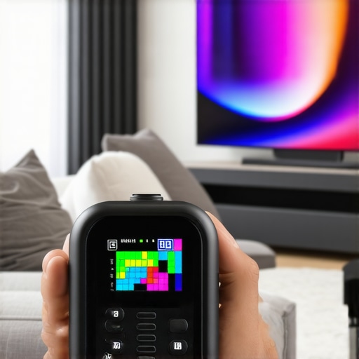 OLED Display Calibration Setup Colorimeter probe calibrating an OLED TV in a contemporary living space.