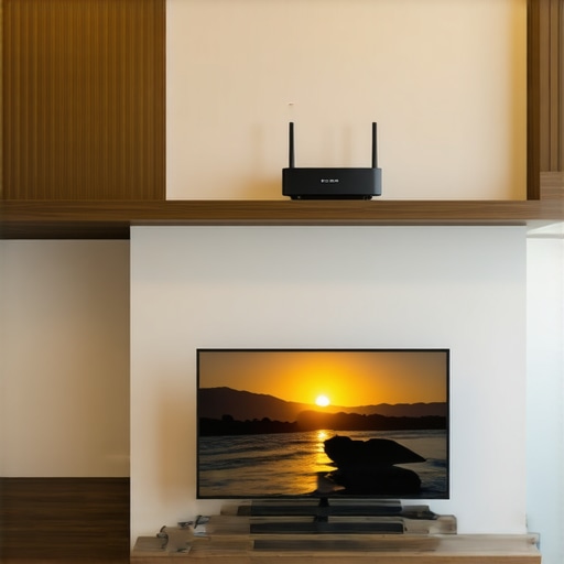 Router placed on a high shelf in a living room, improving Wi-Fi signal for 8K TV.