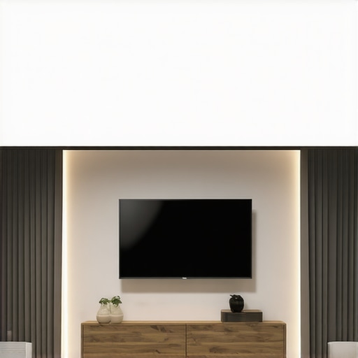 Optimized OLED Viewing Setup Living room with OLED TV, dimmed lights, and blackout curtains for ideal viewing conditions.