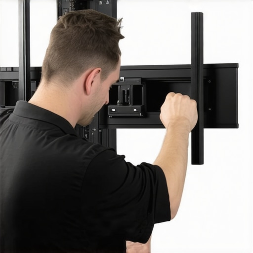 Technician using level and measuring tape to align monitors on the wall