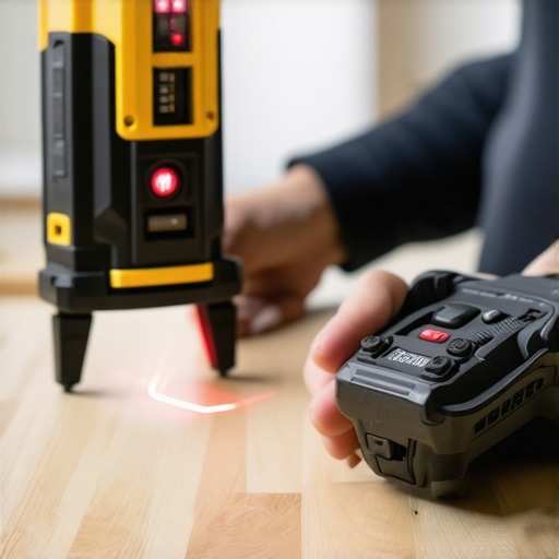 Precise tools for home theater maintenance Person calibrating and troubleshooting home display equipment with laser level and IR tester