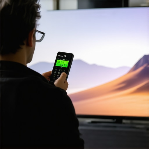 A person using a colorimeter device to calibrate an OLED television for optimal display quality