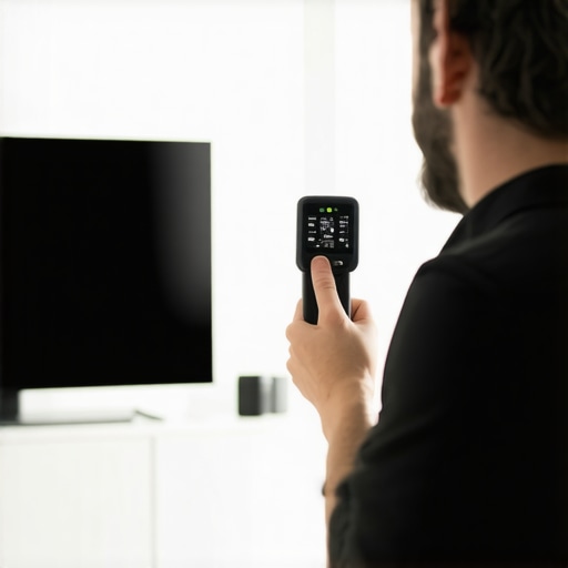 Precision Calibration of a Home OLED Display Technician using calibration tools on a high-end OLED TV in a sleek living room.
