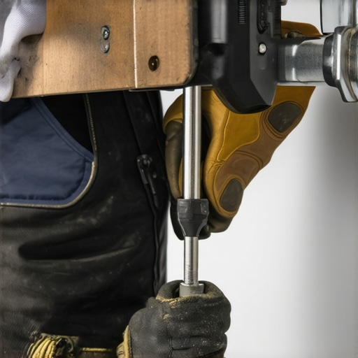 Technician tightening wall mount bolts using torque wrench in living room