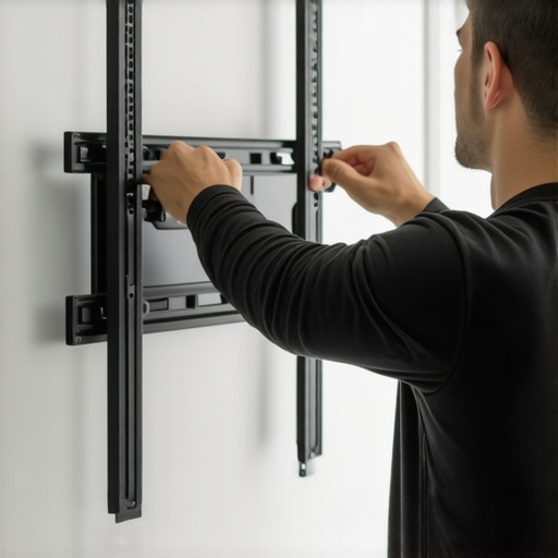 Premium Wall Mount Installation Close-up of secure wall mounting bolts and hardware for a large OLED TV in a well-lit living room.
