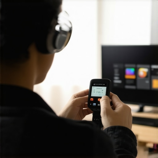 Person calibrating OLED TV with a colorimeter device.