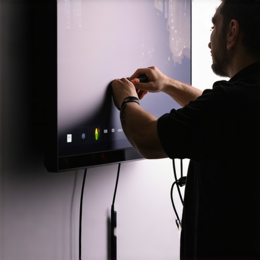 Professional OLED Calibration Setup Technician using calibration device on OLED TV in a home theater