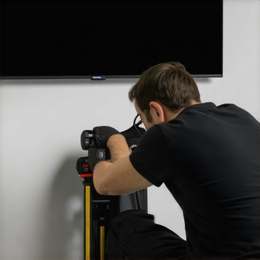 Professional OLED TV Maintenance Setup Technician using tools to maintain a wall-mounted OLED TV, emphasizing proper care and cable organization.