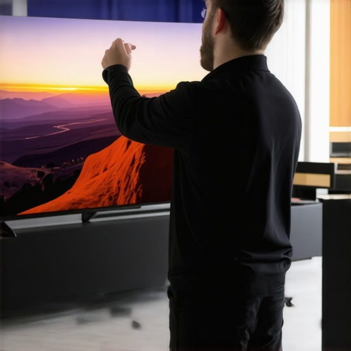 Professional OLED calibration with a colorimeter device Technician calibrating an OLED television with a colorimeter for optimal picture quality.