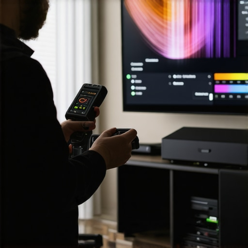 Professional Screen Calibration in Progress A technician using calibration equipment on a modern home display
