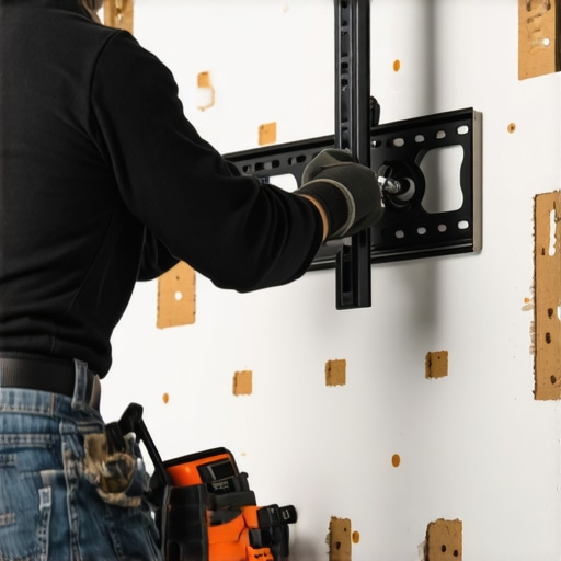 Professional Wall Mount Installation Close-up photo of a technician installing a wall mount into drywall with studs visible for a heavy OLED TV.