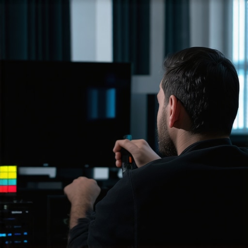 Professional calibration of a home display setup A technician using a colorimeter to calibrate a large OLED TV in a cozy home theater
