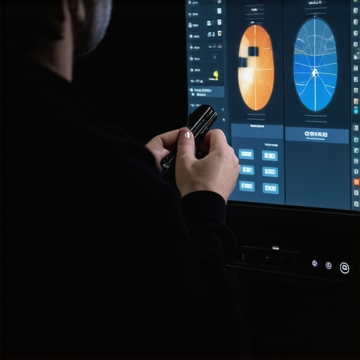Technician adjusting settings on a home display using calibration equipment