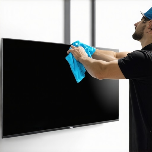 Professional maintenance of wall-mounted display. Technician cleaning OLED TV with microfiber cloth and compressed air.