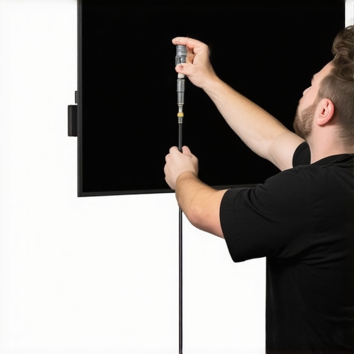 Technician using a flexible extension screwdriver to access deep safety screws on a mounted TV.