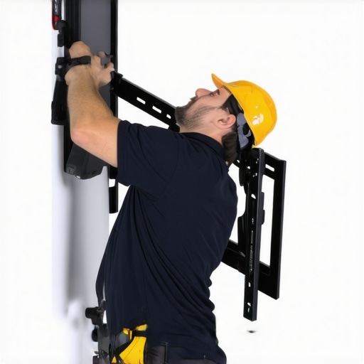 Professional wall mount installation Close-up of a technician accurately mounting a TV on a stud wall with professional tools