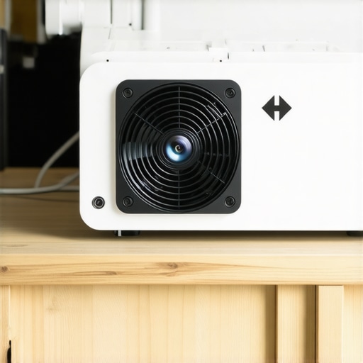 A DIY setup with a small fan mounted on a wooden cabinet for improving projector airflow
