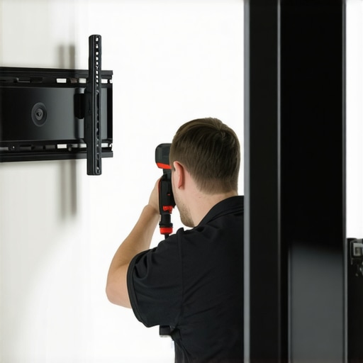 Proper Wall Mount Installation Technique Person drilling into wall studs for TV mount with level and stud finder