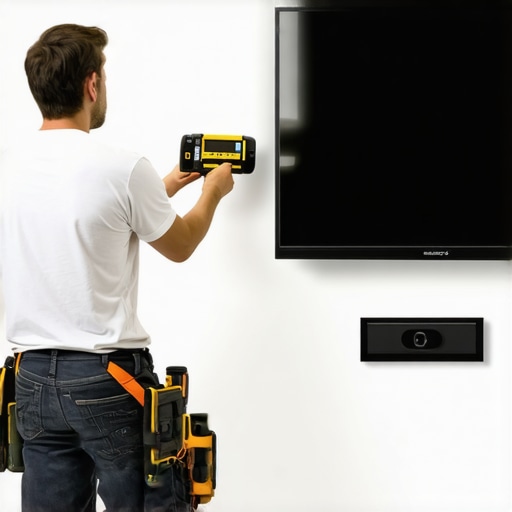 Secure TV Wall Mounting Procedure Person carefully mounting a large TV on a wall, ensuring the mount is level and anchored into studs.