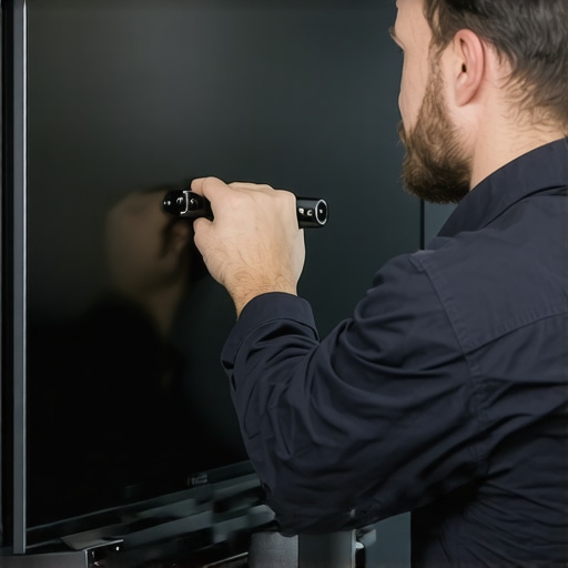 Technician tightening bolts on a wall-mounted large flat-screen TV ensuring stability