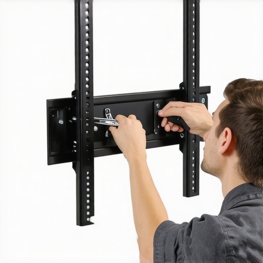Person tightening bolts on a wall-mounted TV bracket with a wrench.