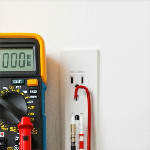 Person measuring outlet grounding with multimeter for home theater setup