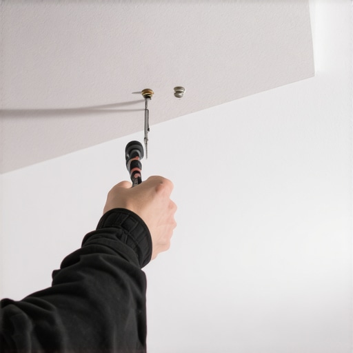 Person tightening screws on ceiling mount to prevent vibration.