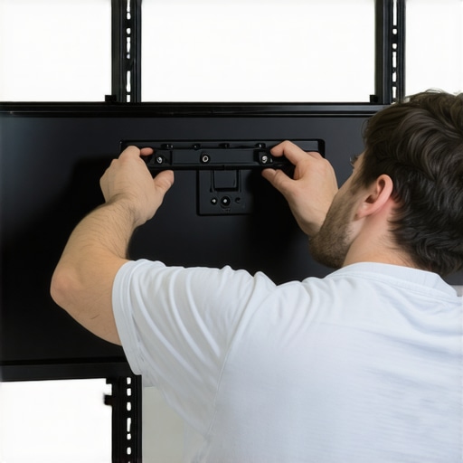 Person tightening screws on a wall-mounted TV with foam padding for vibration reduction.
