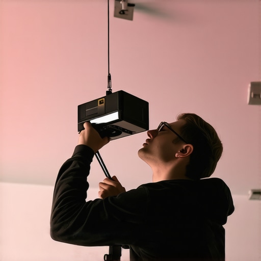 Person adjusting a projector using a laser level on the ceiling