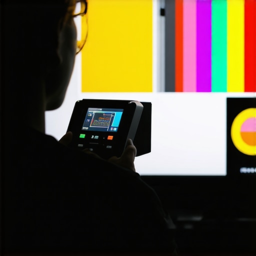 Person adjusting settings on an OLED TV using calibration tools.