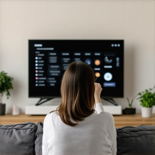 Person tweaking picture settings on a Mini LED TV to improve dark scene shadows, removing blue tint.