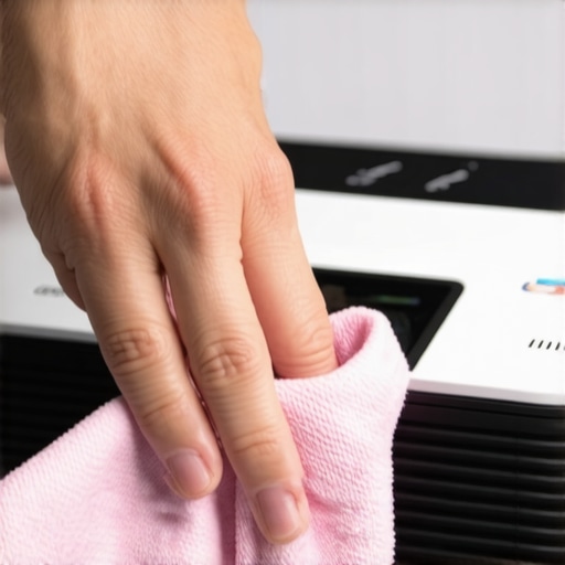 Person carefully cleaning projector lens with microfiber cloth to maintain image clarity.