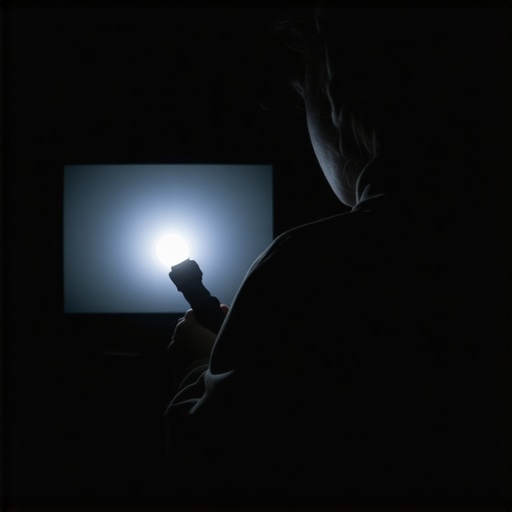 Person examining a TV screen for light bleed with a flashlight in a dark room
