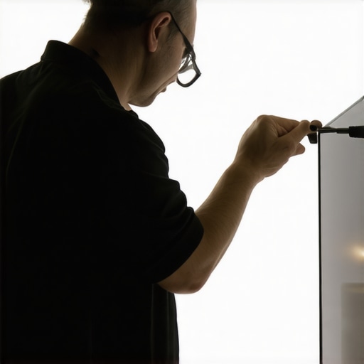 Technician calibrating OLED display with specialized equipment.