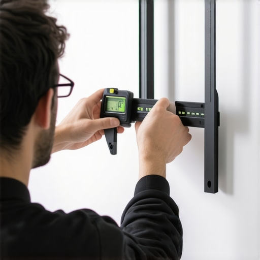 Essential Tools for TV Mounting and Maintenance Person using calibration tools on a wall-mounted TV for precise alignment and calibration.