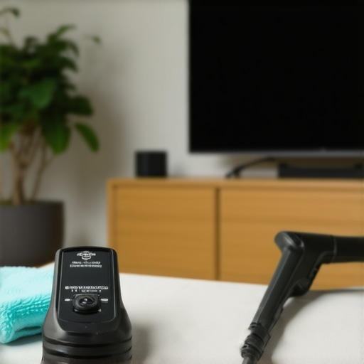 Essential tools for home display maintenance Tools for calibrating and cleaning a home display setup on a mounted OLED TV.