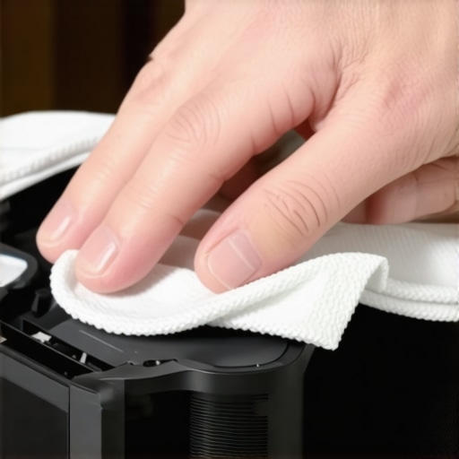 Person cleaning projector lens with microfiber cloth and cleaning solution in a controlled environment