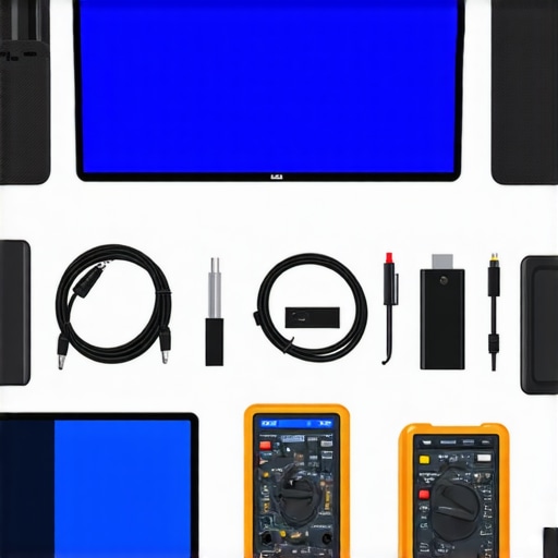 Home Display Maintenance Tools Collection Tools for maintaining and calibrating home display setups, including multimeter, level, and cables.